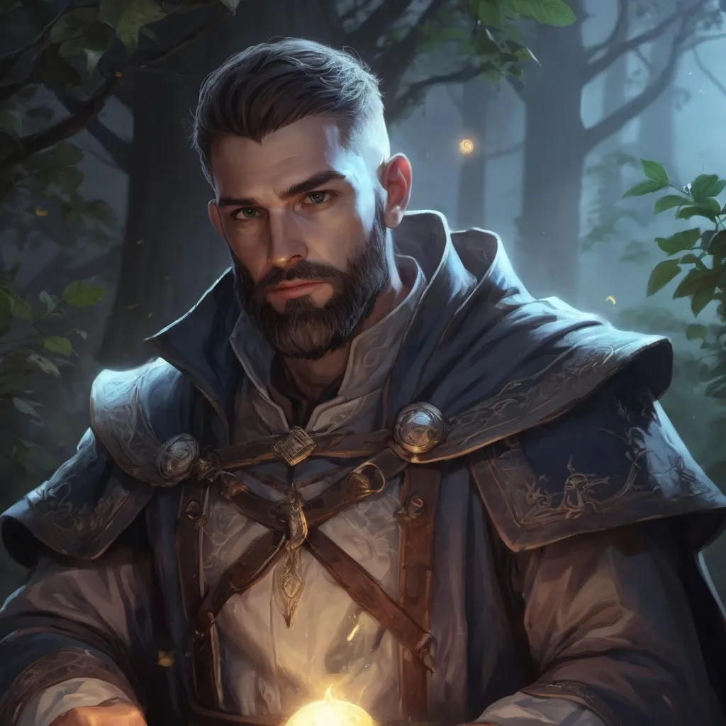 Prompt: A male stocky Cleric with short-cut hair and beard, casting magic spell, in a nature at night, pathfinder, d&d setting, in a realistic high quality digital art style, shaded style