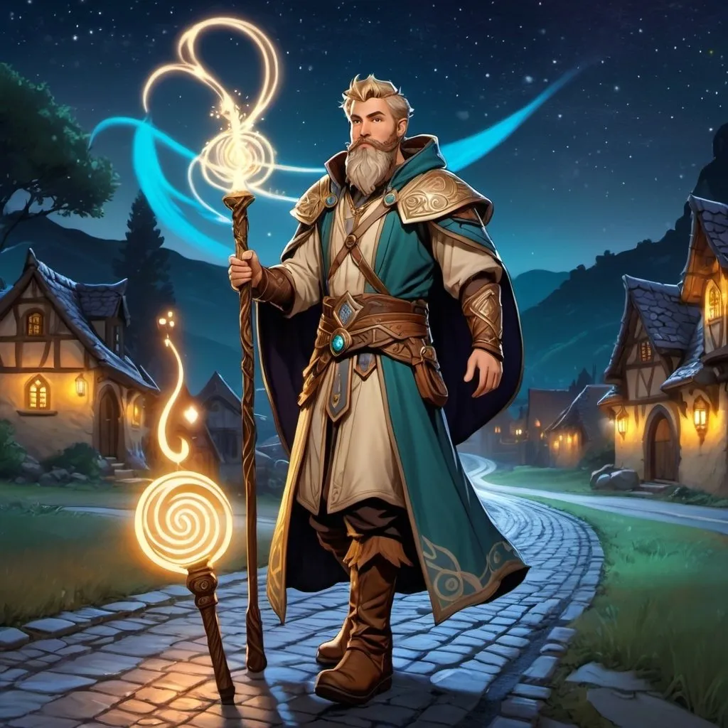 Prompt: A male druid with dark-blonde short hair and beard, holding magical staff, boots, magical swirls, standing on a road outside of a small town at night, pathfinder, dungeons & dragons, in a detailed realistic digital art style