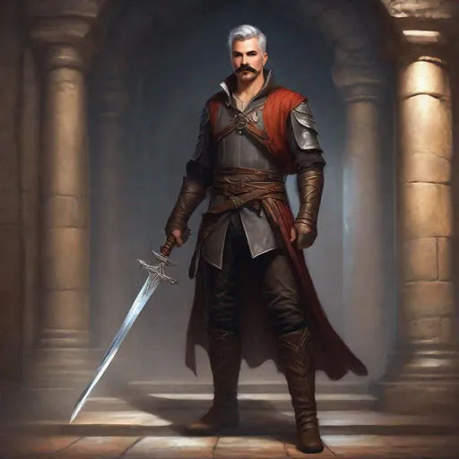 Prompt: (Full body) a male summoner with mustache and stubble grey short-cut hair, handsome manly face, belt, boots, leather pants, holding a sword, standing in a dark dungeon, fantasy setting, dungeons & dragons, in a painted style realistic art