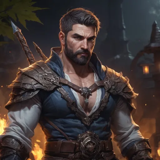 Prompt: male stocky muscular mature summoner with short hair and beard, holding fantasy-weapon, in nature at night, pathfinder, d&d setting, Realistic, Enhanced shadow and light quality
