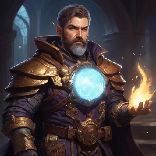 Prompt: Male stocky mature alchemist with short-cut hair and beard, in combat casting magic, inside of an astral magical dimention, pathfinder, d&d setting, in a realistic high quality digital art style, enhanced shadow quality