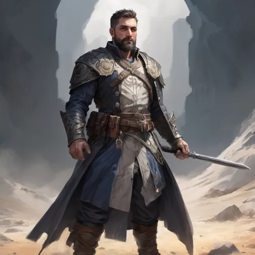 Prompt: Male stocky heavy-set mature illutionist with short-cut hair and beard, on a battlefield, in combat, casting a white-spell, pathfinder, d&d setting, in a realistic high quality digital art style, enhanced shadow quality, colorful