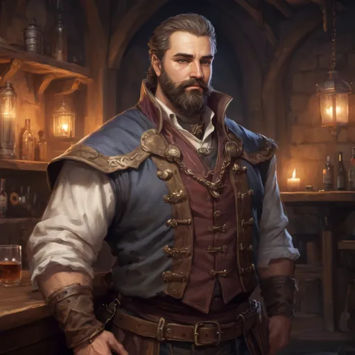 Prompt: (Full body) male stocky heavy flirty royal bard with short hair and beard, in a dark tavern, pathfinder, d&d setting, in a realistic high quality digital art style