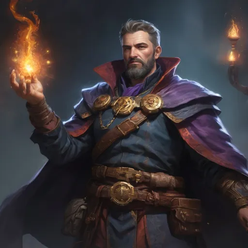 Prompt: (Torso) Male stocky large mature arcanist with short-cut hair and beard, exploring a dark dimention, surrounded by bright magic, pathfinder, d&d setting, enhanced shadow quality, colorful