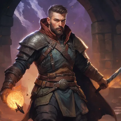 Prompt: Male stocky large mature Estonian fighter with short-cut hair and beard, exploring a dark astral magical dungeon in combat, pathfinder, d&d setting, in a realistic high quality digital art style, enhanced shadow quality, colorful