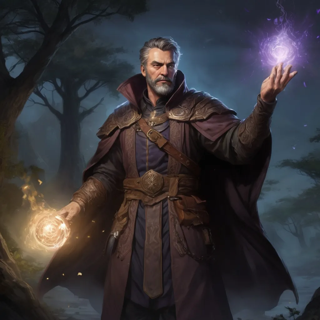 Prompt: Male stocky heavy-set mature warlock with short-cut hair and beard, magical glowing robes, casting a spell in combat, in nature at night, pathfinder, d&d setting, in a realistic high quality digital art style, enhanced shadow quality