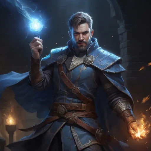 Prompt: Male stocky large battle-mage with short-cut hair and beard, engaged in combat casting a blue-light spell inside of a dark dungeon, pathfinder, d&d setting, in a realistic high quality digital art style, enhanced shadow quality, colorful