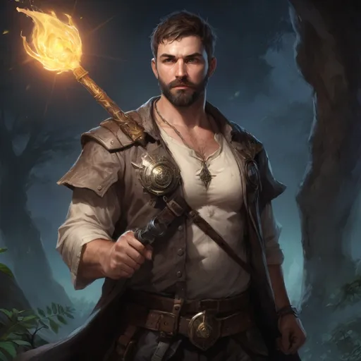 Prompt: Male stocky large fat templar with short-cut hair and beard, open shirt hairy chest, in combat casting a magic-ray out of hands in nature at night, pathfinder, d&d setting, in a realistic high quality digital art style, enhanced shadow quality, colorful