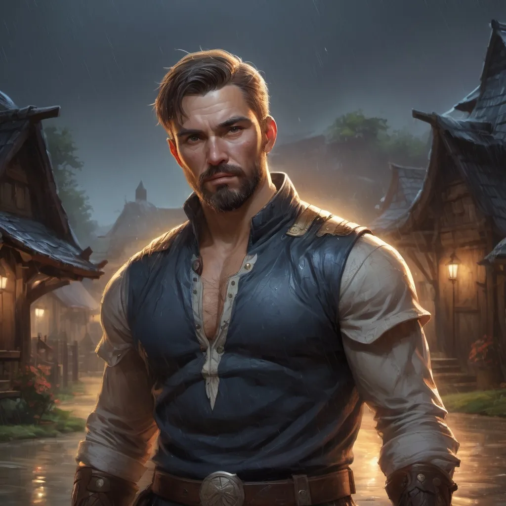 Prompt: Male stocky Muscular large mature paladin with short-cut hair and beard, open shirt, outside of a small fantasy village in the rain at night, pathfinder, d&d setting, in a realistic high quality digital art style, enhanced shadow quality, colorful
