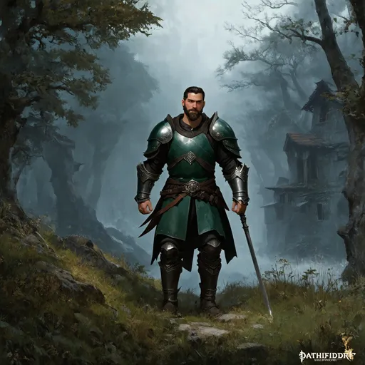 Prompt: (Full body) male warrior with short hair and beard, in dark forest-green armor, exploring a dark fantasy villiage by a forest, pathfinder, d&d setting, in a detailed digital art style