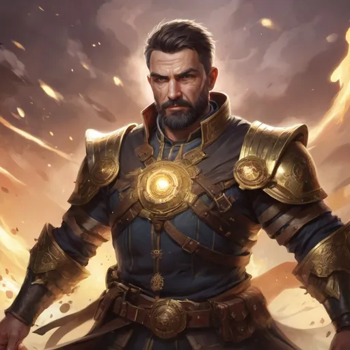 Prompt: Male stocky heavy-set mature illutionist with short-cut hair and beard, on a battlefield, in combat, casting a gold-spell, pathfinder, d&d setting, in a realistic high quality digital art style, enhanced shadow quality