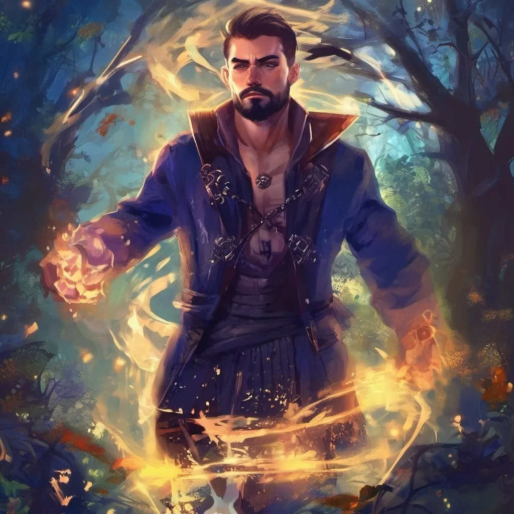 Prompt: (Full body) male stocky big-chested young wizard with striped short hair and beard, hairy chest, casting swirly bright spell, in nature at night, pathfinder, d&d setting, in a realistic high quality digital art style