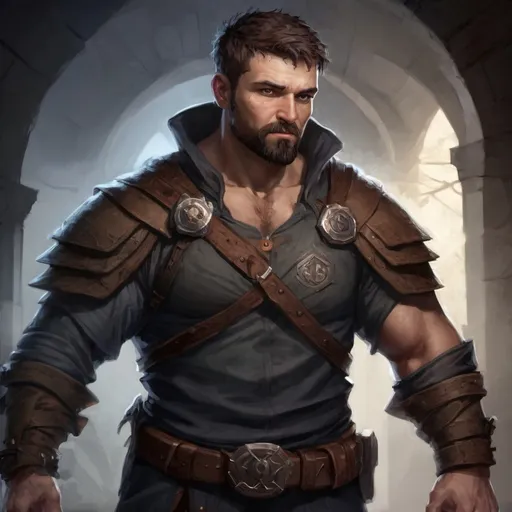 Prompt: Male stocky large mature albanian fighter with short-cut hair and beard, exploring a dark dungeon, pathfinder, d&d setting, in a realistic high quality digital art style, enhanced shadow quality, colorful