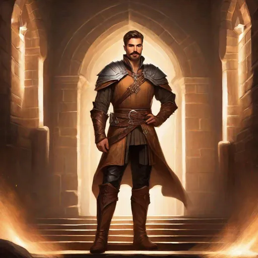 Prompt: (Full body) a male summoner with mustache and stubble light-brown short-cut hair, handsome manly face, belt, boots, leather pants, standing in a dark dungeon, fantasy setting, dungeons & dragons, in a painted style realistic art