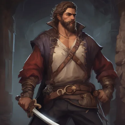 Prompt: (Full body) male stocky big-chested pirate bandit with short hair and beard, no shirt on, in a dark castle, pathfinder, d&d setting, in a realistic digital art style