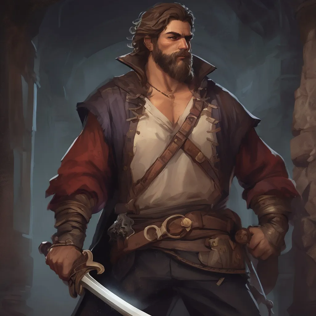 Prompt: (Full body) male stocky big-chested pirate bandit with short hair and beard, no shirt on, in a dark castle, pathfinder, d&d setting, in a realistic digital art style