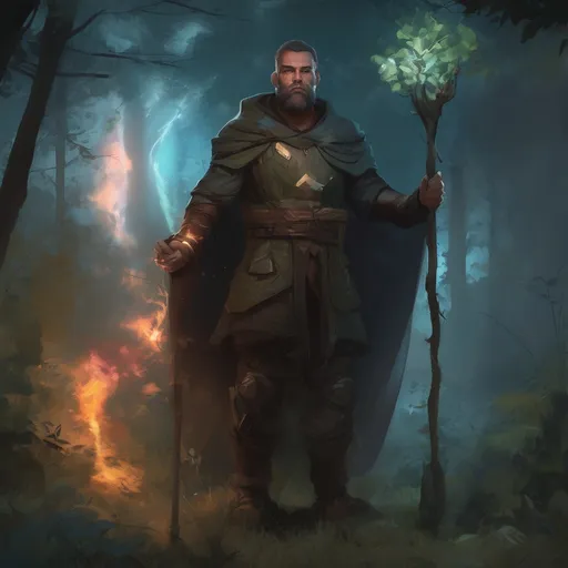 Prompt: (Full body) male stocky druid with short-cut hair and beard, holding magical tree staff, in a forest at night, leaf-shoulderguards, cloak, heavy belt, pathfinder, d&d setting, in a realistic digital art style