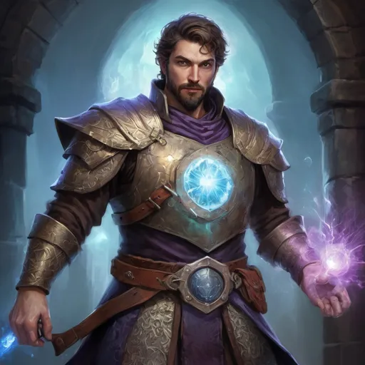 Prompt: (torso) Male stocky large battle-mage with short-cut hair and beard, wearing chainmail, casting a prismatic-spell inside a dungeon, pathfinder, d&d setting, in a realistic high quality digital art style, enhanced shadow quality, colorful