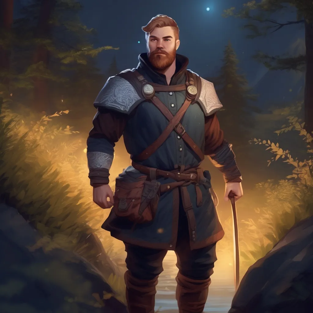 Prompt: (Full body) male stocky magical norwegian defender with short hair and beard, in nature at night, pathfinder, d&d setting, in a realistic digital art style