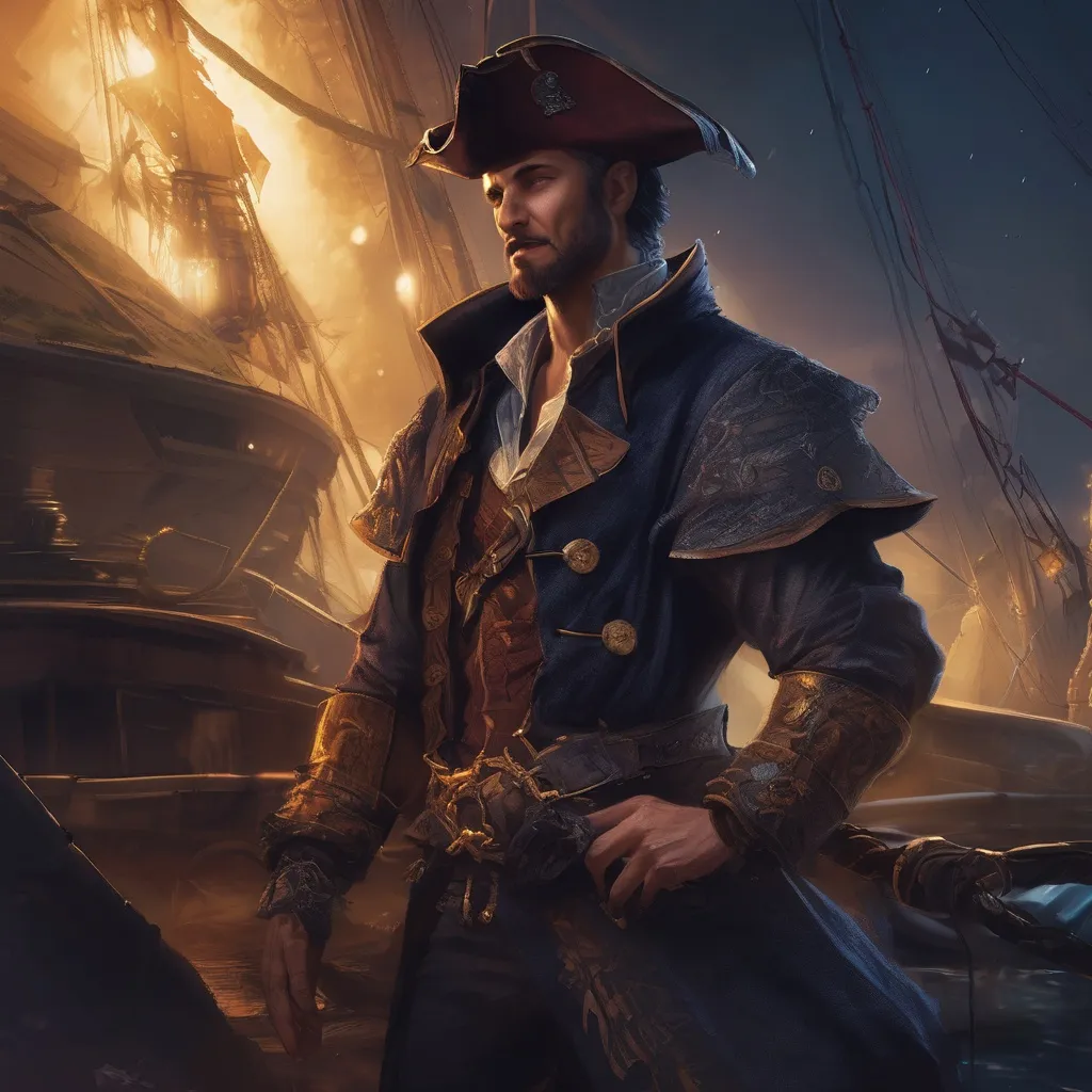 Prompt: (Full body) male handsome large  pirate mage with short hair and beard, on a ship by land at night, pathfinder, d&d setting, in a realistic high quality digital art style