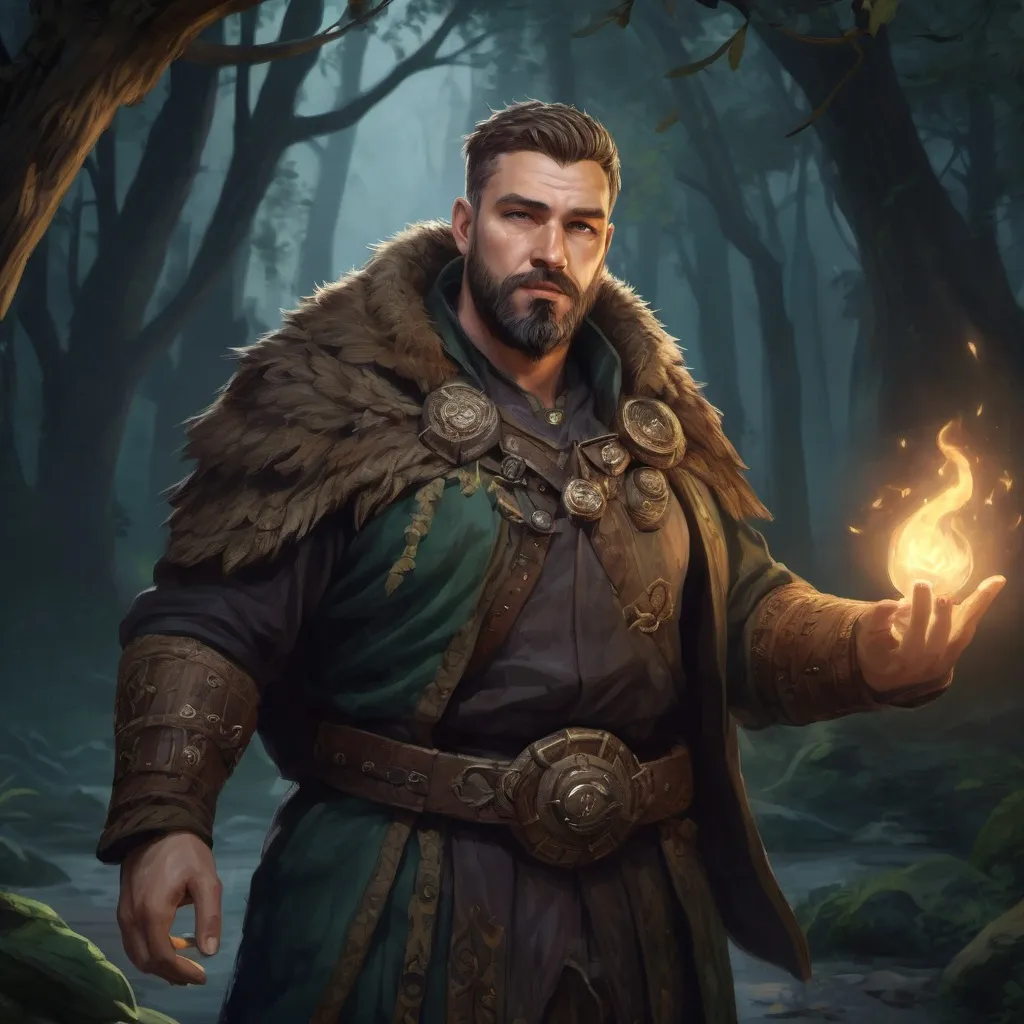 Prompt: Male stocky heavy-set fantasy-druid with short-cut hair and beard, outside of fantasy forest at night, pathfinder, d&d setting, in a realistic high quality digital art style, enhanced shadow quality