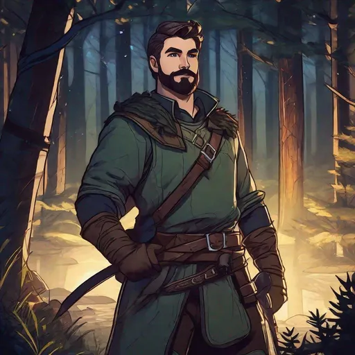 Prompt: (Full body) A handsome male ranger with short hair and beard, standing outside of a forest at night, dungeons and dragons, fantasy setting, realistic digital art style
