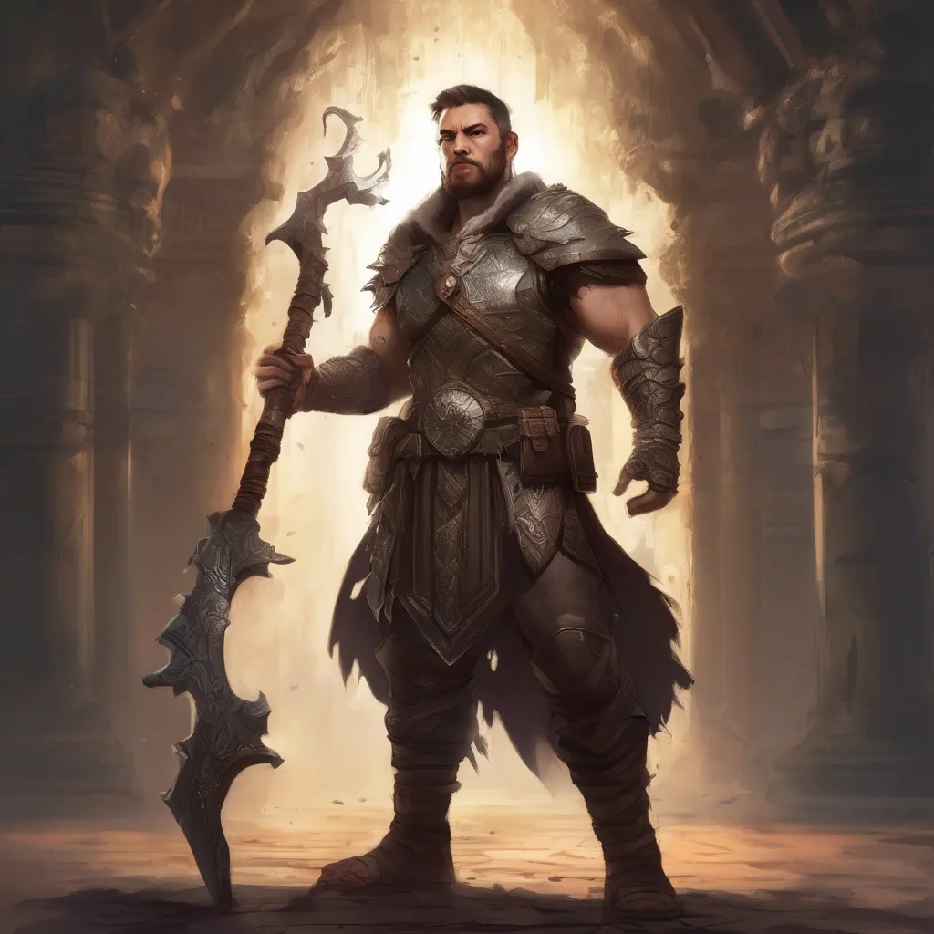 Prompt: (Full body) male stocky warrior with short-cut hair and beard, holding magical tree staff, in a dark temple dungeon, no shirt on,  big shoulderguards, pathfinder, d&d setting, in a realistic digital art style