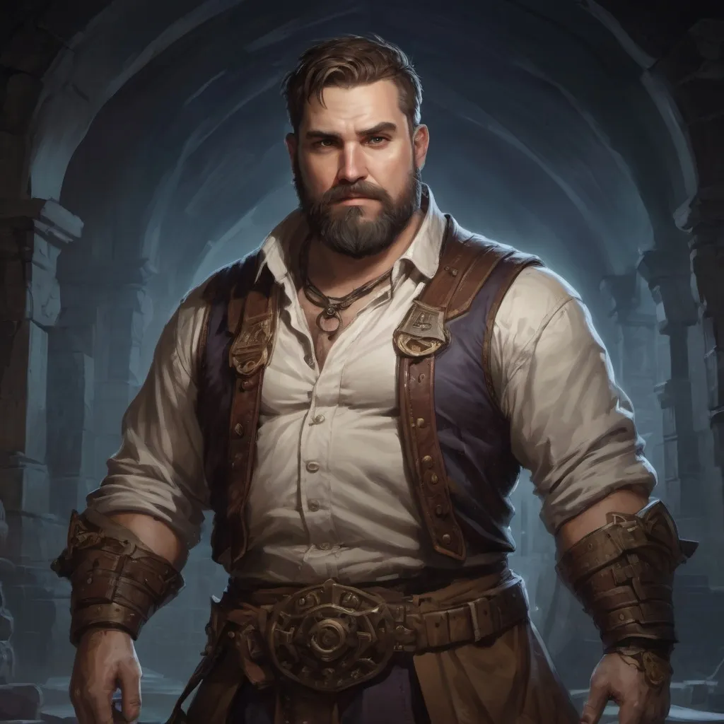 Prompt: Male stocky heavy-set magical engineer with short-cut hair and beard, big belly, inside a temple dungeon at night, pathfinder, d&d setting, in a realistic high quality digital art style, enhanced shadow quality