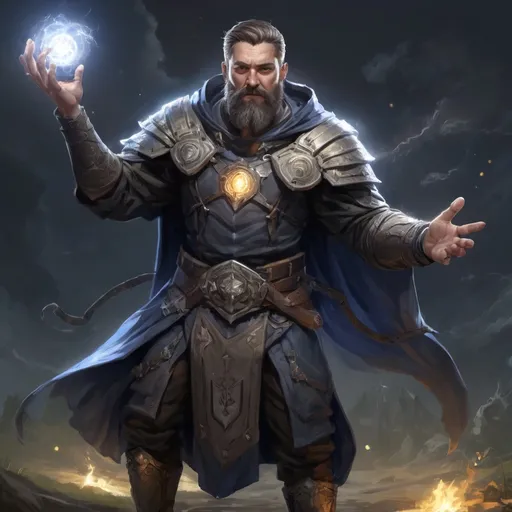 Prompt: Male stocky heavy-set crusader with short-cut hair and beard, casting a magical healing-spell out of hands, on a batle field at night, pathfinder, d&d setting, in a realistic high quality digital art style, enhanced shadow quality