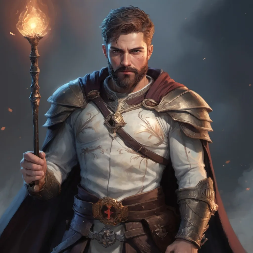 Prompt: (torso) Male stocky manly magical crusader with short-cut hair and beard, on a battlefield, in combat, holding a magic staff, bright aura, pathfinder, d&d setting, in a realistic high quality digital art style, enhanced shadow quality