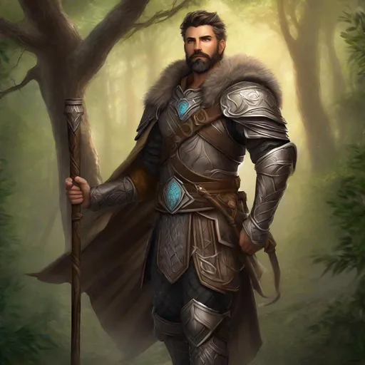 Prompt: (Full-body) A handsome hairy male druid with short hair and short beard, leather armor, hairy chest, holding a staff, fantasy background with trees, matte shaded illustration, realistic digital art
