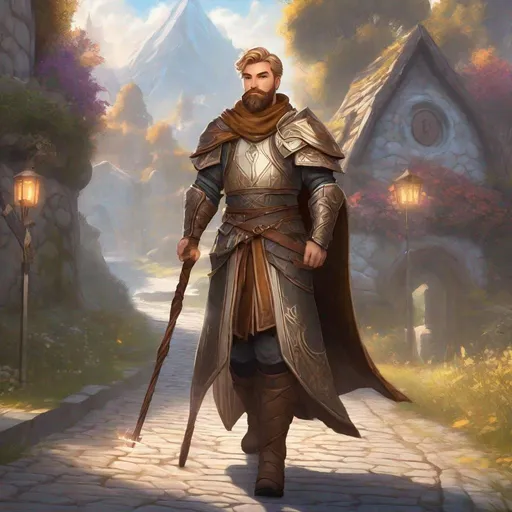 Prompt: A male mage with dark-blonde short hair and beard, cloth armor, holding magical staff, boots, magical swirls, standing on a road outside of a small town, pathfinder, dungeons & dragons, in a detailed realistic digital art style