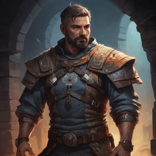 Prompt: Male stocky large mature mexican fighter with short-cut hair and beard, exploring a dark astral dungeon, pathfinder, d&d setting, in a realistic high quality digital art style, enhanced shadow quality, colorful