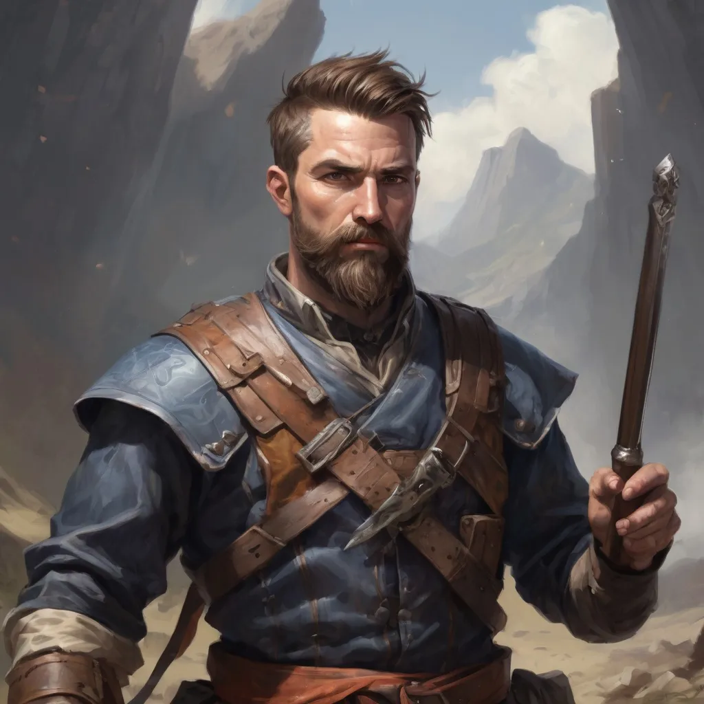 Prompt: Male heavy-set mature fit bard with short-cut hair and beard, holding fantasy-weapon , in a windy battlefield, pathfinder, d&d setting, enhanced shadow quality