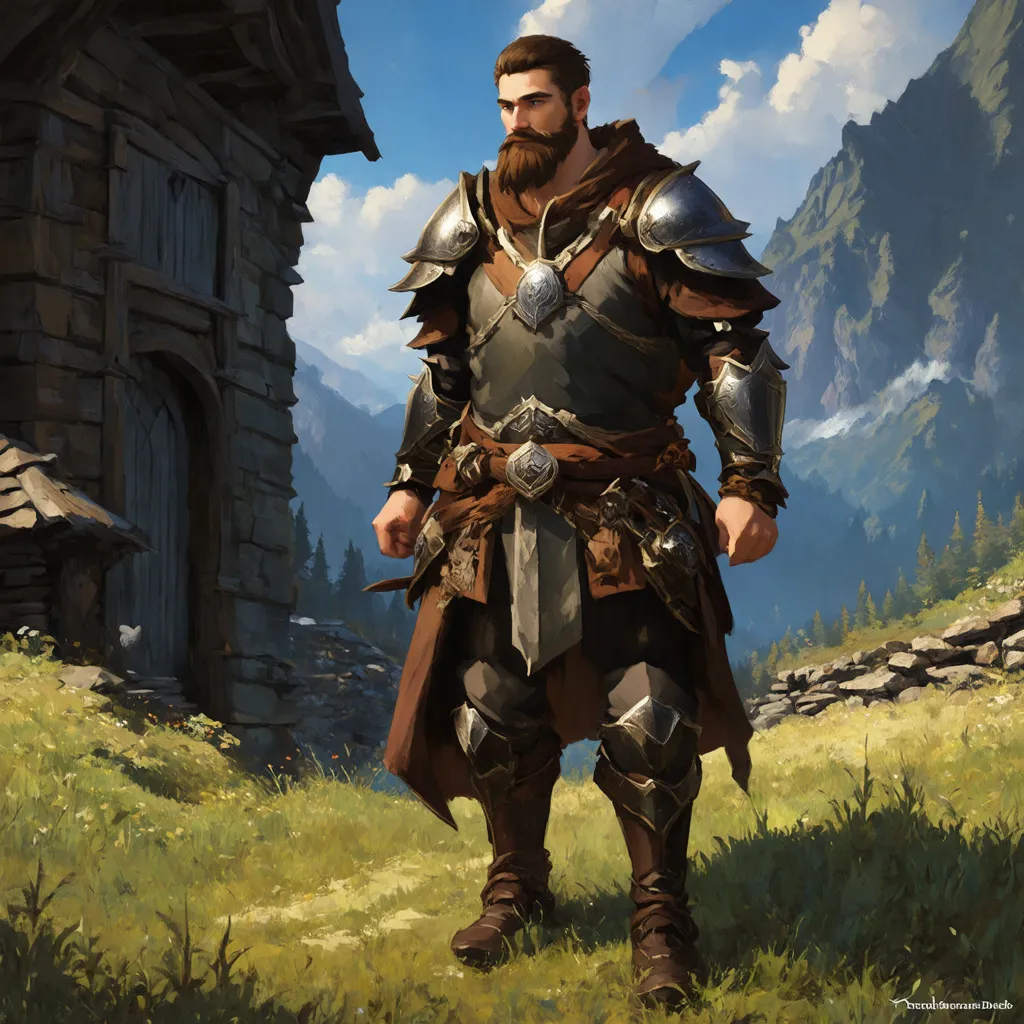 Prompt: (Full body) male druid with short hair and beard, in rugged armor, exploring a dark fantasy villiage by a mountain, pathfinder, d&d setting, in a detailed digital art style