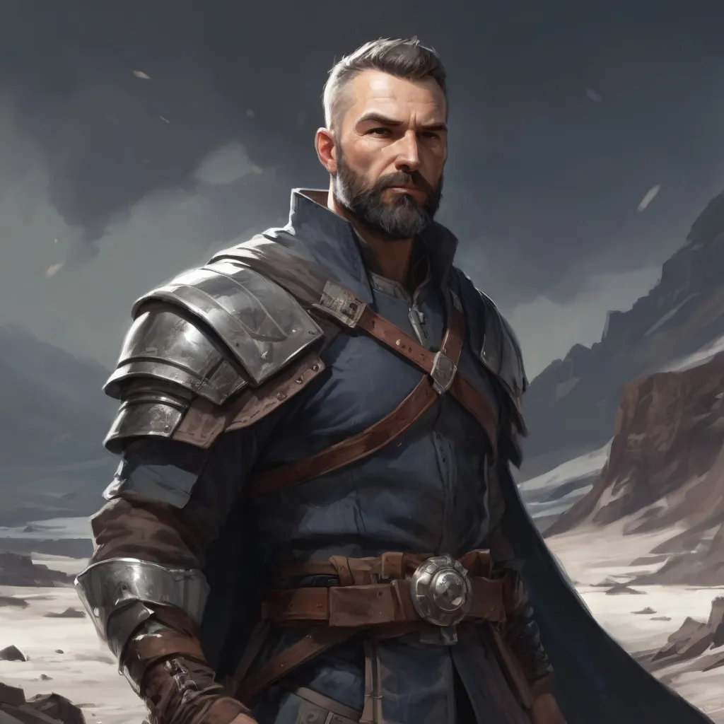Prompt: Male heavy-set mature fit Spy with short-cut hair and beard, holding fantasy-weapon , in a windy battlefield, pathfinder, d&d setting, enhanced shadow quality