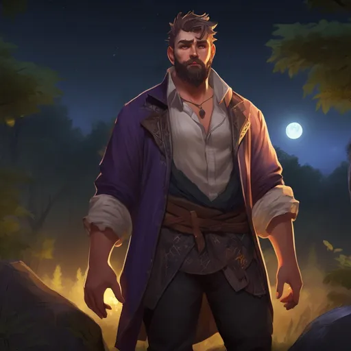 Prompt: (Full body) male stocky big-chested arcane trickster with short hair and beard, open shirt, in nature at night, pathfinder, d&d setting, in a realistic digital art style