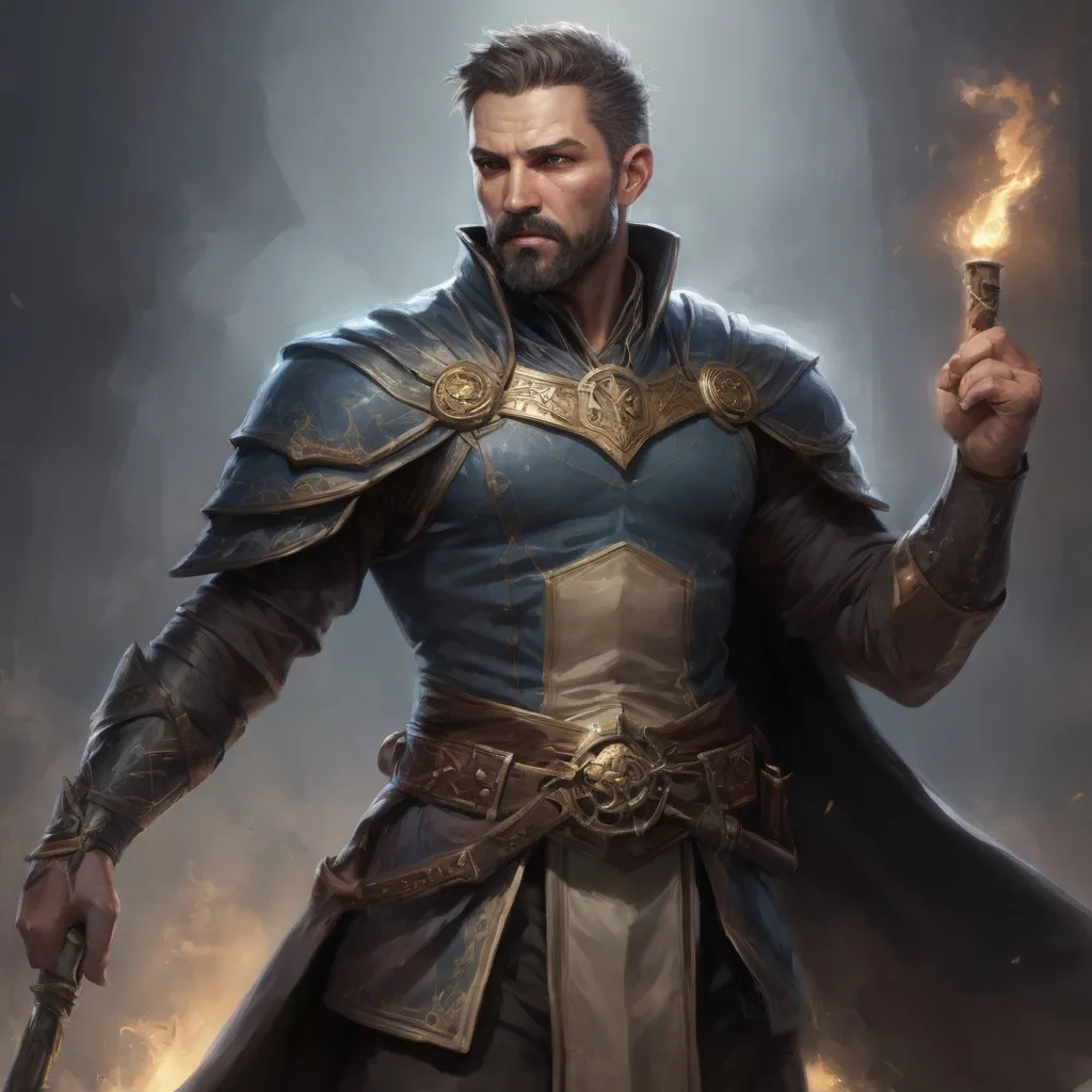 Prompt: (torso) Male stocky large mature fit battle-mage with short-cut hair and beard, engaged in combat casting a spell in movement, pathfinder, d&d setting, realistic, enhanced shadow quality