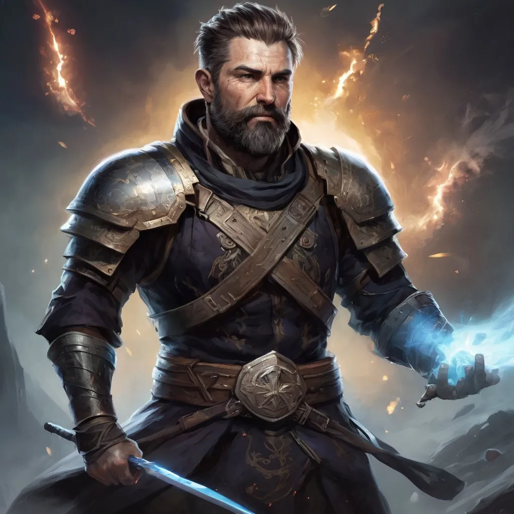 Prompt: Male heavy-set mature fit arcanist with short-cut hair and beard, casting healing-magic out of hands on a wounded male warrior, in a windy battlefield at night, pathfinder, d&d setting, enhanced shadow quality