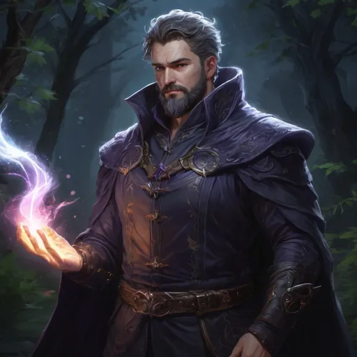 Prompt: (Full body) male stocky heavy-set 
warlock with short hair and beard, hairy chest, casting swirly bright spell, in nature at night, pathfinder, d&d setting, in a realistic high quality digital art style