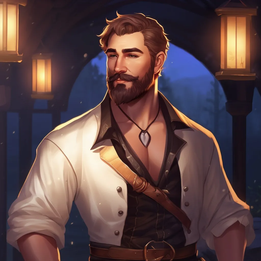 Prompt: (Full body) male stocky flirty bard with short hair and beard, open shirt, in dark lit nature background, pathfinder, d&d setting, in a realistic digital art style