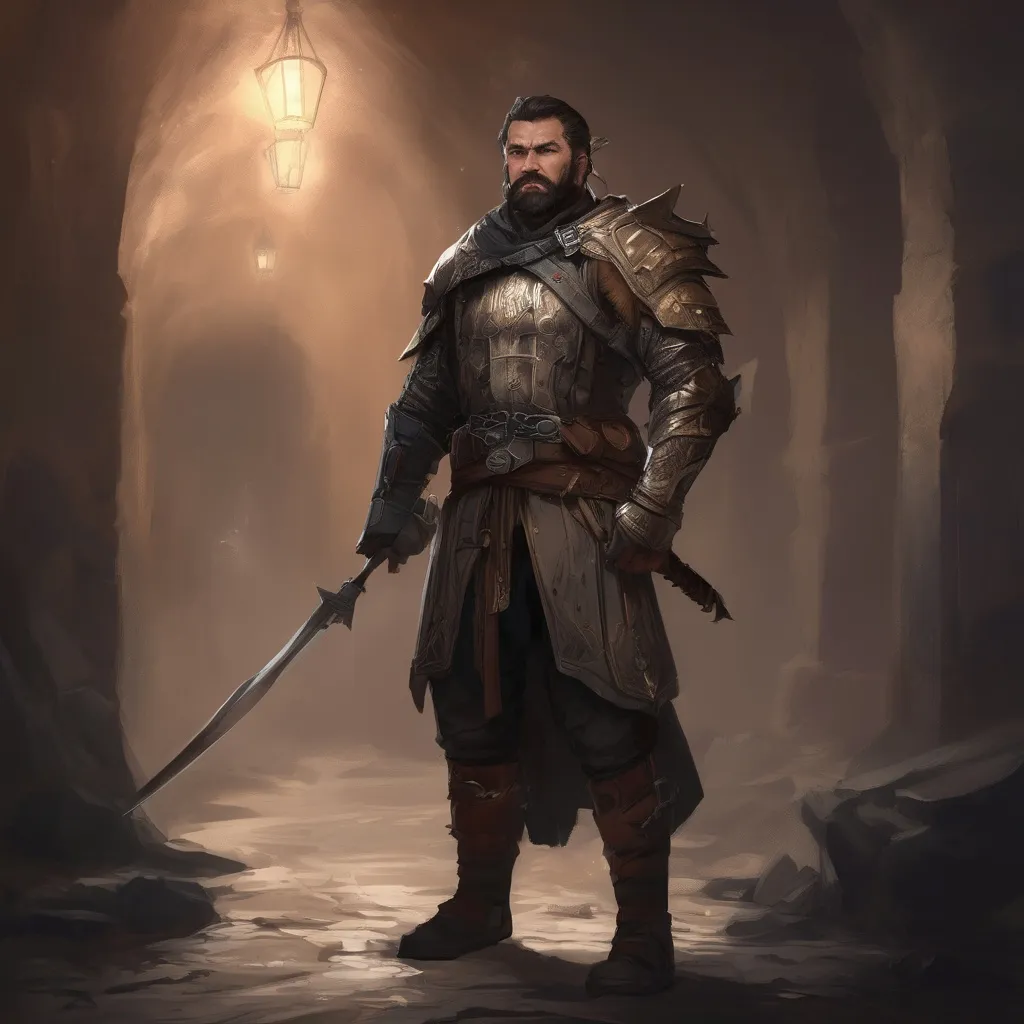 Prompt: (Full body) male stocky middle-aged warrior with black short-cut hair and beard, in a dark underground, pathfinder, d&d setting, in a realistic digital art style