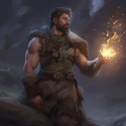 Prompt: (Full body) male stocky ranger with short-cut hair and beard, no shirt on, hairy chest, casting a swirly nature-spell, in nature at night pathfinder, d&d setting, in a realistic digital art style