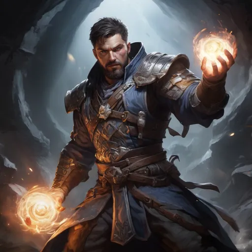Prompt: Male stocky large muscular battle-mage with short-cut hair and beard, engaged in combat casting a white-light spell inside of a dark dungeon, pathfinder, d&d setting, realistic, enhanced shadow quality, colorful