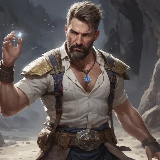 Prompt: (torso) Male stocky large 42-year old summoner with short-cut hair and beard, open shirt hairy chest, in combat casting a magic-ray out of hands in a windy path, pathfinder, d&d setting, in a realistic high quality digital art style, enhanced shadow quality, colorful