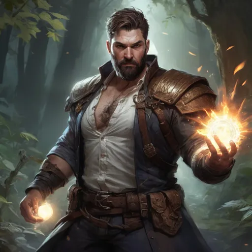 Prompt: Male stocky large fat templar with short-cut hair and beard, open shirt hairy chest, in combat casting a magic-ray out of hands in nature at night, pathfinder, d&d setting, in a realistic high quality digital art style, enhanced shadow quality, colorful