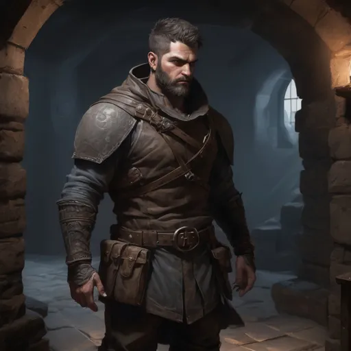 Prompt: Male stocky large muscular bandit with short-cut hair and beard, exploring a dark trasure room, pathfinder, d&d setting, realistic, enhanced shadow quality