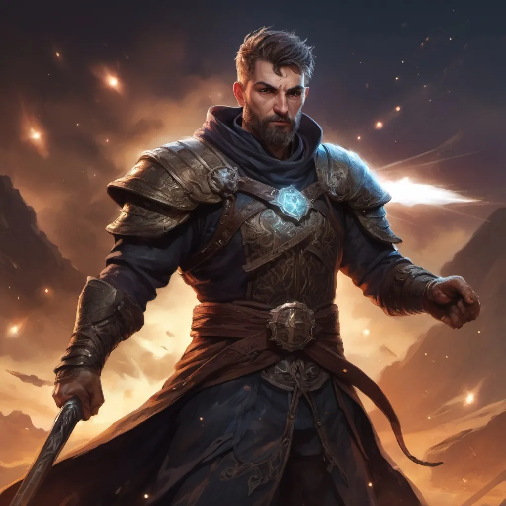 Prompt: Male stocky large mature bulgarian battle-mage with short-cut hair and beard, exploring a dark astral battlefield, pathfinder, d&d setting, in a realistic high quality digital art style, enhanced shadow quality, colorful