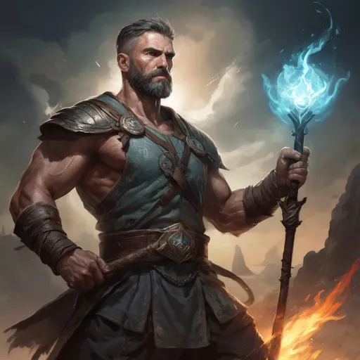 Prompt: Male stocky mature muscular druid with short-cut hair and beard, on a battlefield, in combat, holding a magic staff, pathfinder, d&d setting, in a realistic high quality digital art style, enhanced shadow quality