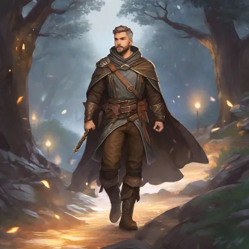 Prompt: (Fullbody) male ranger manly face short-cut hair with grey, short-bearded, leather shirt, no shirt, heavy belt , swirly magic, brown boots, cloak, pathfinder, dungeons and dragons, outside a town by a forest at night, holding a weapon, in a painted style, realistic